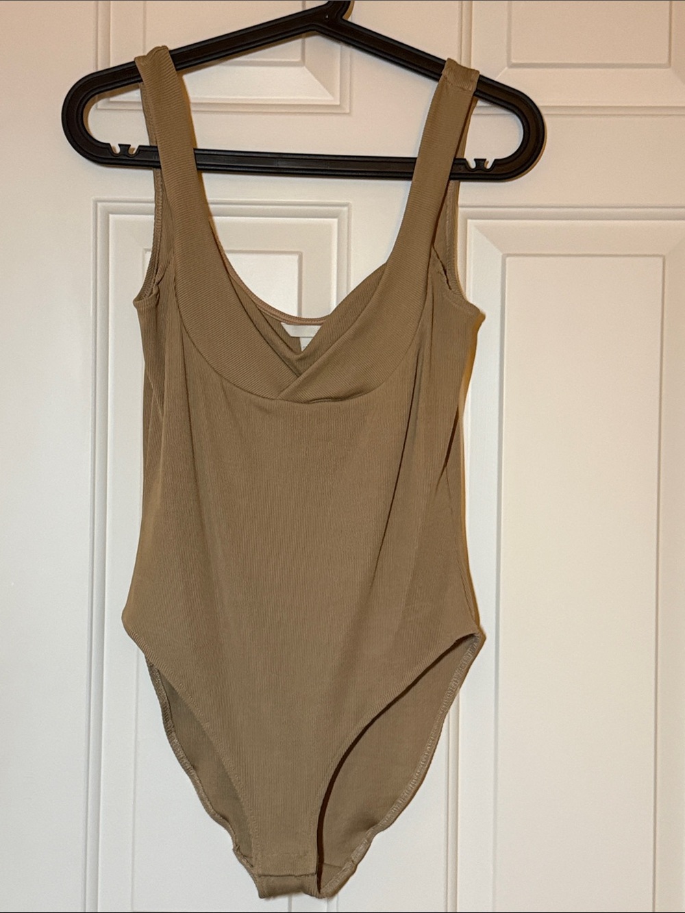 H&M Ribbed Scoop-Neck Bodysuit in Taupe Beige